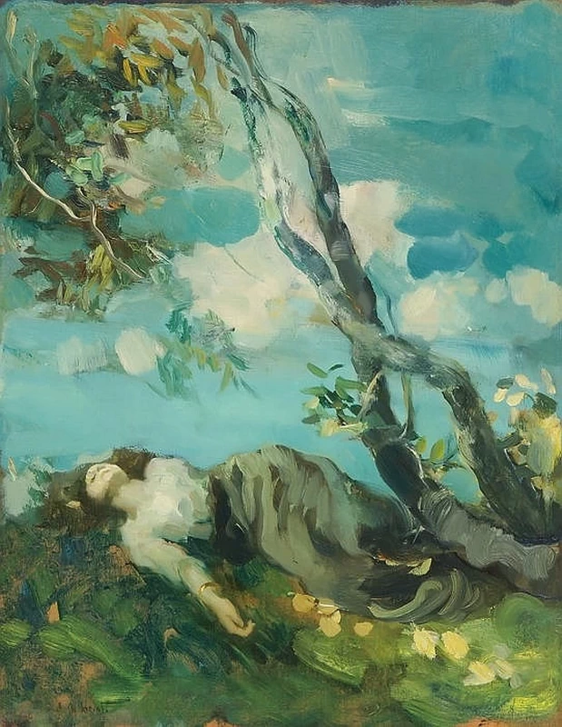 Giovane donna che riposa sotto un albero